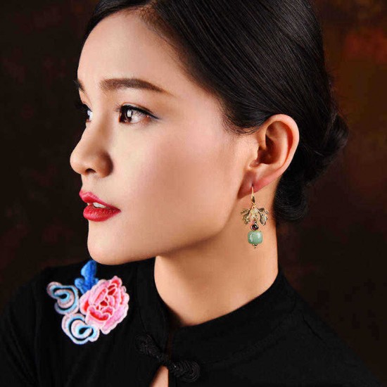 Ethnic Jewelry Vintage Handmade Earrings Luxury Gold Leaf Jade Charm Dangle Earring for Women