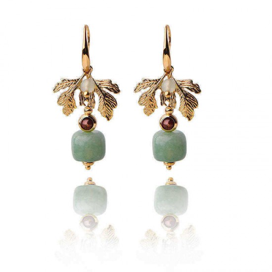 Ethnic Jewelry Vintage Handmade Earrings Luxury Gold Leaf Jade Charm Dangle Earring for Women