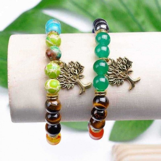 Ethnic Life Tree Pendant Bracelet 8mm Natural Stone Bead Bracelet Jewelry For Women