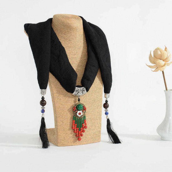 Ethnic Multifunction Women Necklace Bohemian Flower Bead Tassel Cotton Scarf Clothing Accessories