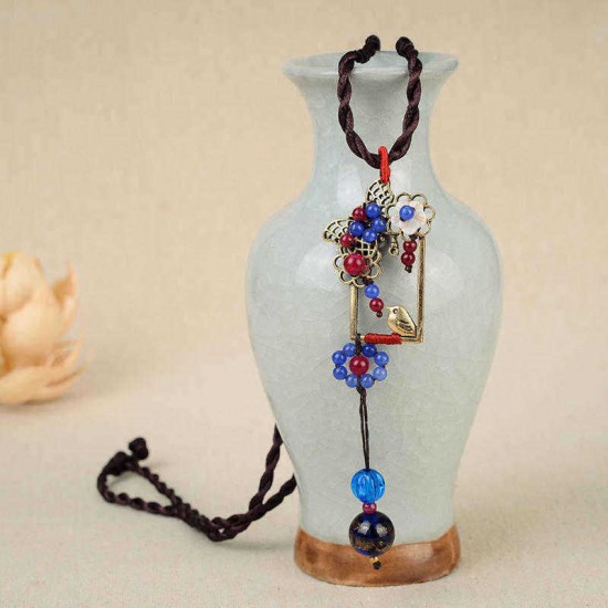 Ethnic Necklace Flower Bird Pattern Vintage Jade Pendant Rope Necklace for Women