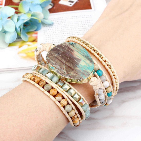 Ethnic Ocean Jasper Stone Bracelet Charm Wrap Leather Bracelet For Women Retro Style Bracelet