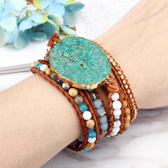 Ethnic Ocean Jasper Stone Bracelet Charm Wrap Leather Bracelet For Women Retro Style Bracelet