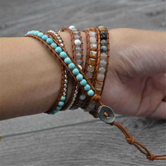 Ethnic Ocean Jasper Stone Bracelet Charm Wrap Leather Bracelet For Women Retro Style Bracelet