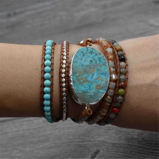 Ethnic Ocean Jasper Stone Bracelet Charm Wrap Leather Bracelet For Women Retro Style Bracelet