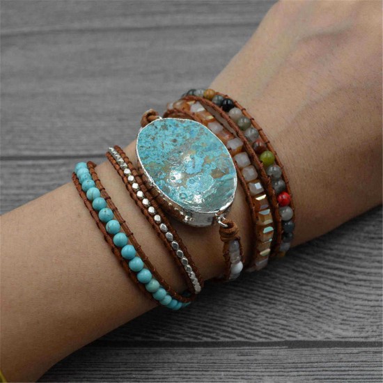 Ethnic Ocean Jasper Stone Bracelet Charm Wrap Leather Bracelet For Women Retro Style Bracelet