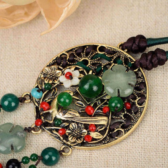 Ethnic Retro Flower Bead Necklace Vintage Rope Jade Tassel Necklace for Women