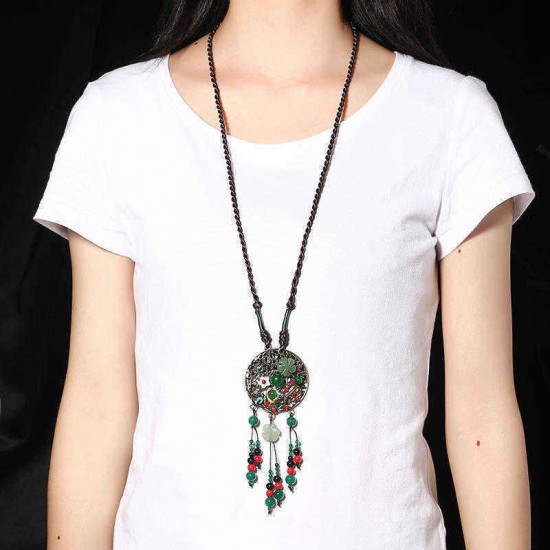 Ethnic Retro Flower Bead Necklace Vintage Rope Jade Tassel Necklace for Women