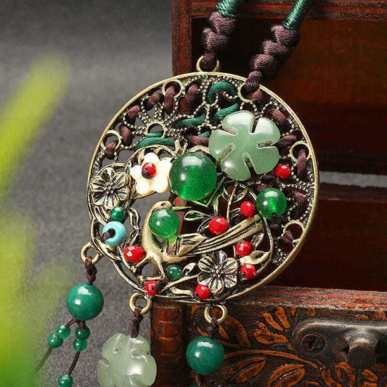 Ethnic Retro Flower Bead Necklace Vintage Rope Jade Tassel Necklace for Women