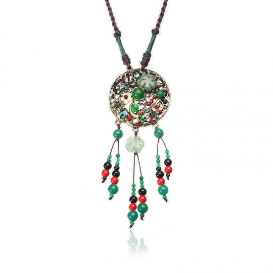 Ethnic Retro Flower Bead Necklace Vintage Rope Jade Tassel Necklace for Women