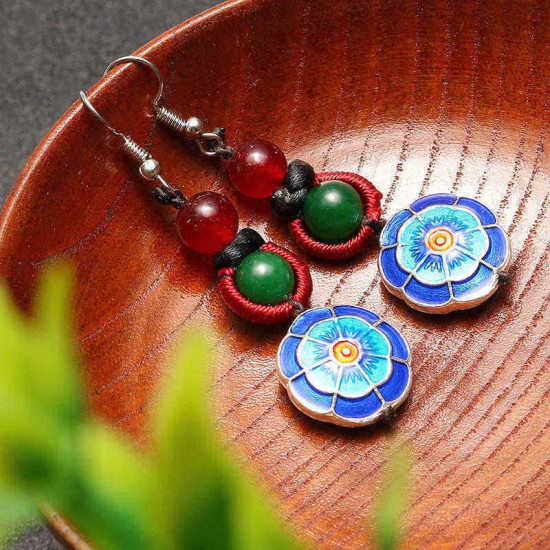 Ethnic Retro Flower Pendant Ear Drop Tassel Agate Vintage Earrings for Women