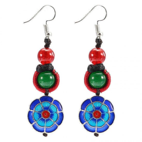 Ethnic Retro Flower Pendant Ear Drop Tassel Agate Vintage Earrings for Women