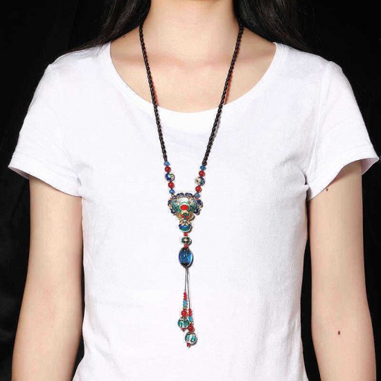 Ethnic Retro Necklace Vintage Jade Beads Rope Long Necklace For Women