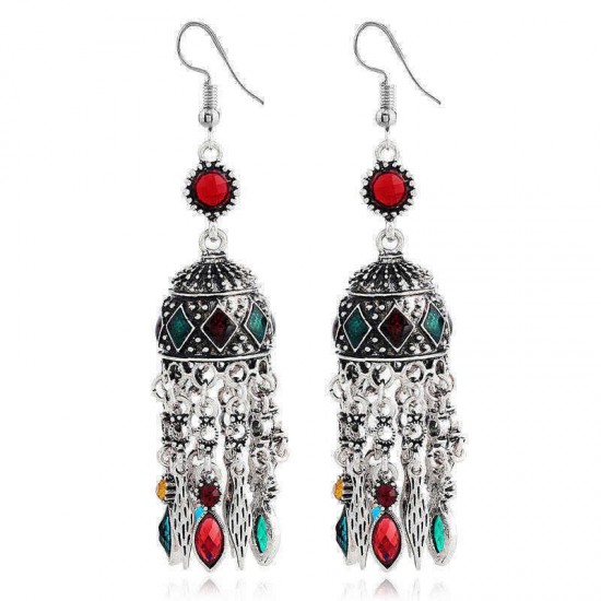 Ethnic Silver Earring Tibetan Statement Rhinestones Tassels Vintage Chandelier Ear Drop For Women