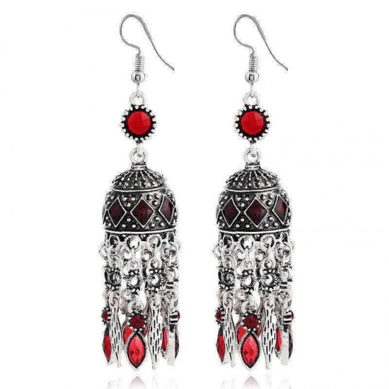 Ethnic Silver Earring Tibetan Statement Rhinestones Tassels Vintage Chandelier Ear Drop For Women