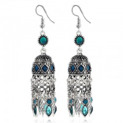 Ethnic Silver Earring Tibetan Statement Rhinestones Tassels Vintage Chandelier Ear Drop For Women