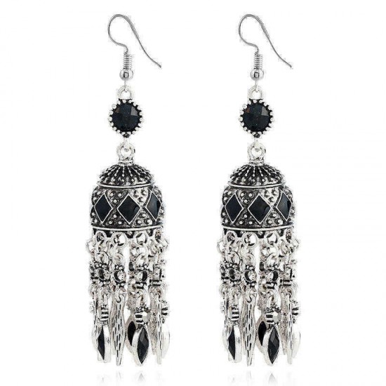 Ethnic Silver Earring Tibetan Statement Rhinestones Tassels Vintage Chandelier Ear Drop For Women