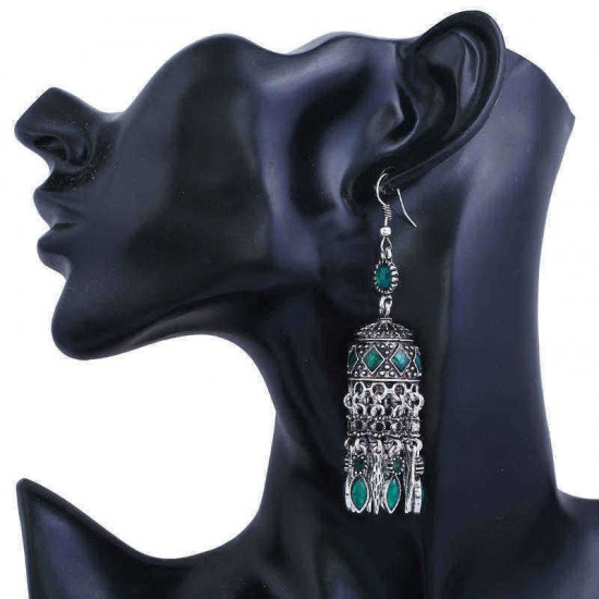 Ethnic Silver Earring Tibetan Statement Rhinestones Tassels Vintage Chandelier Ear Drop For Women