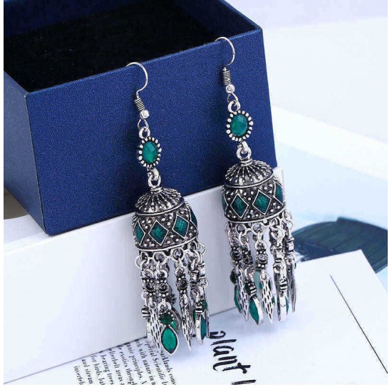 Ethnic Silver Earring Tibetan Statement Rhinestones Tassels Vintage Chandelier Ear Drop For Women