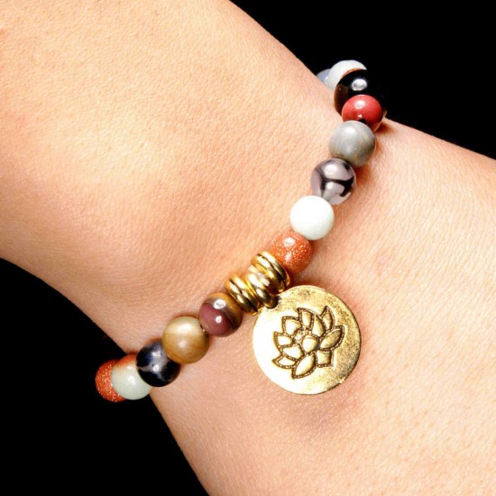 Ethnic Silver Gold Lotus Charm Buddha Beads Bracelet Handmade Cuff Wristband For Women