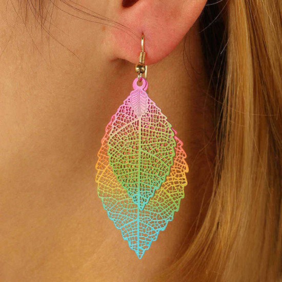 Ethnic Statement Colorful Double Layer Leaf Drop Earring Boho Piercing Dangle Earrings for Women