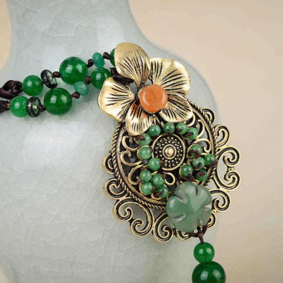 Ethnic Style Necklace Flower Jade Rope Retro Necklace for Women