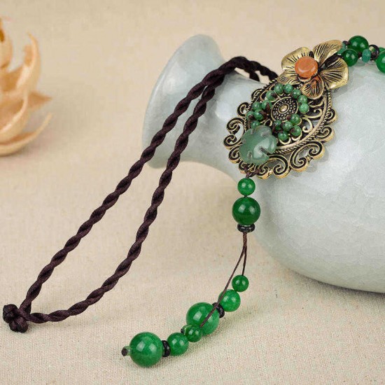 Ethnic Style Necklace Flower Jade Rope Retro Necklace for Women