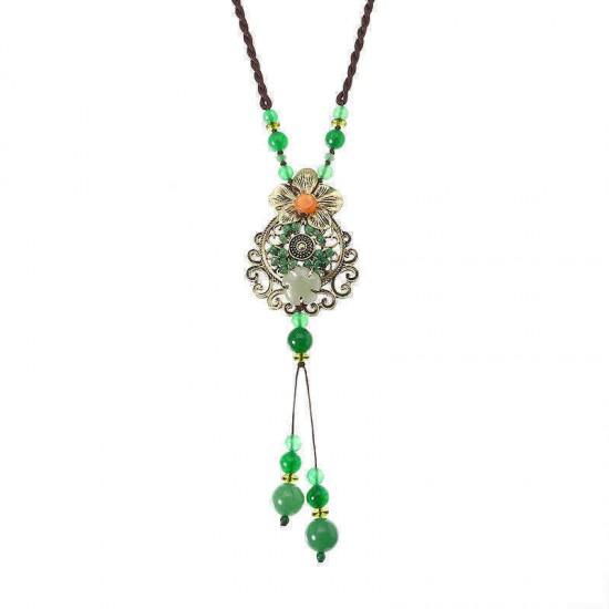 Ethnic Style Necklace Flower Jade Rope Retro Necklace for Women