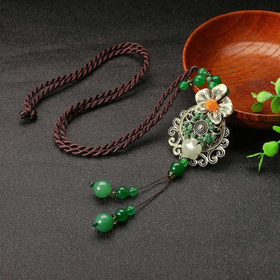 Ethnic Style Necklace Flower Jade Rope Retro Necklace for Women