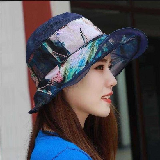 Ethnic Style Silk Breathable Sun Hat Women Vintage Wide Brimmed Beach Bucket Hat