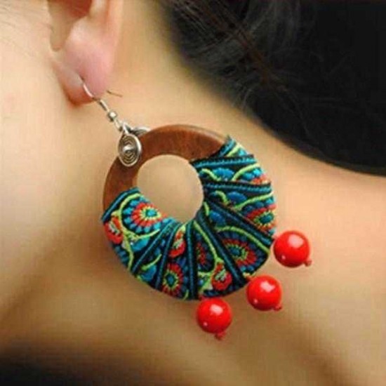 Ethnic Style Women Jewelry Handmade Statement Retro Wood Hoop and Beads Pendant Earrings