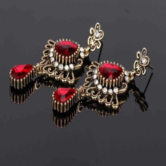 Ethnic Tassel Earring Openwork Drop-shaped Ruby Glass Crystal Temperament Earrings for Women