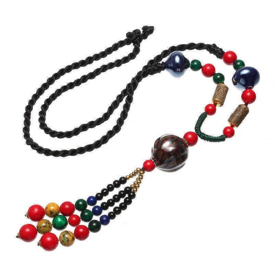 Ethnic Tassel Necklace Wooden Beads Ceramic Long Women Necklace