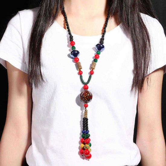 Ethnic Tassel Necklace Wooden Beads Ceramic Long Women Necklace