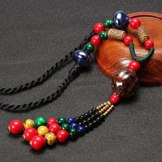 Ethnic Tassel Necklace Wooden Beads Ceramic Long Women Necklace