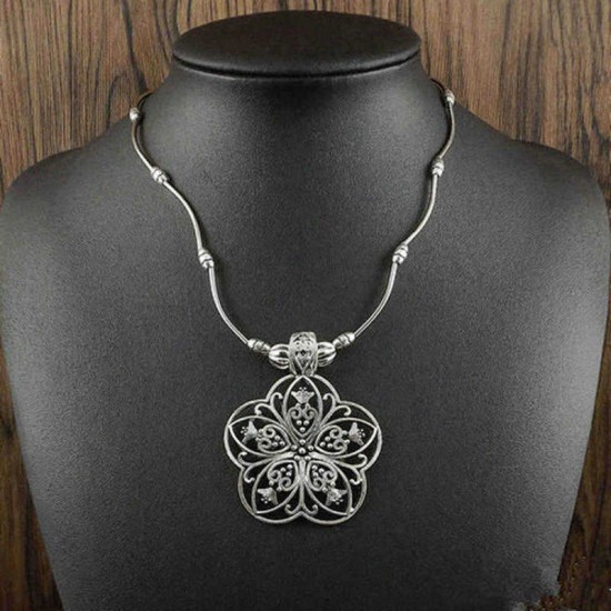 Ethnic Tibetan Hollow Flower Pendant Necklace Antique Silver Necklace Sweater Necklace For Women