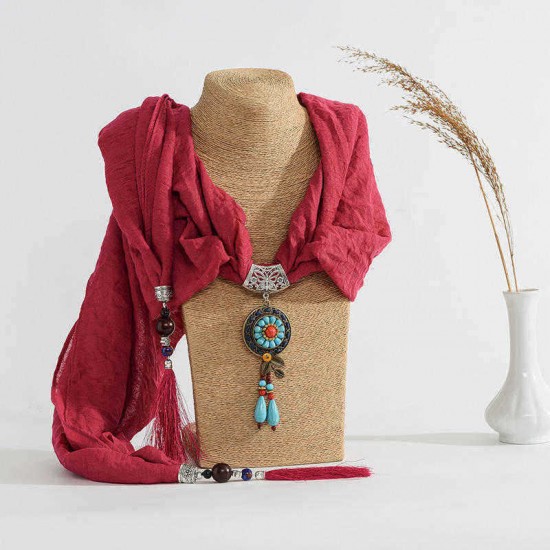 Ethnic Turquoise Necklace Cotton Scarf Bohemian Flower Leaf Tassel Clothing Accessories Gift