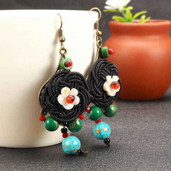 Ethnic Vintage Earrings Retro Agate Ear Drop Tassel Flower Ball Earrings for Women