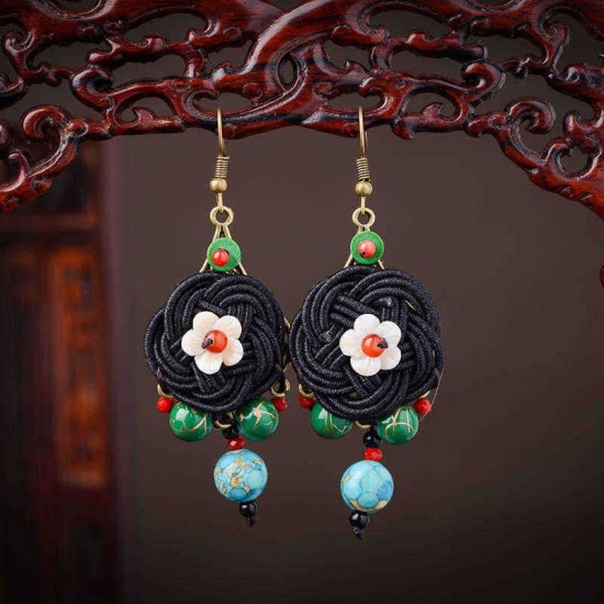 Ethnic Vintage Earrings Retro Agate Ear Drop Tassel Flower Ball Earrings for Women