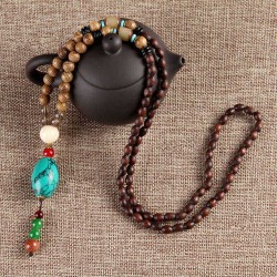 Ethnic Vintage Gourd Beeswax Turquoise Necklace Beaded Charm Necklace for Men Women