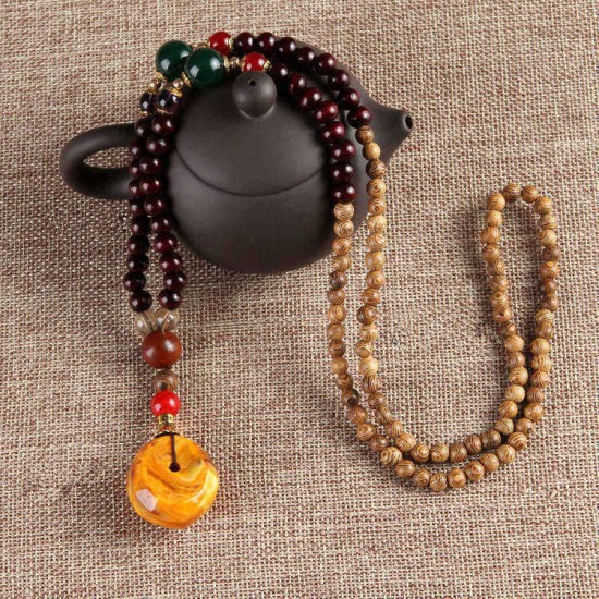 Ethnic Vintage Gourd Beeswax Turquoise Necklace Beaded Charm Necklace for Men Women