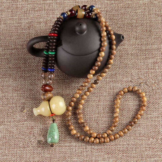 Ethnic Vintage Gourd Beeswax Turquoise Necklace Beaded Charm Necklace for Men Women