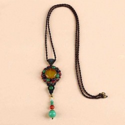 Ethnic Weaving Sweater Necklace Retro Agate Long Style Necklace For Women