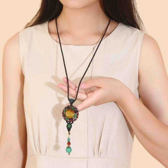 Ethnic Weaving Sweater Necklace Retro Agate Long Style Necklace For Women