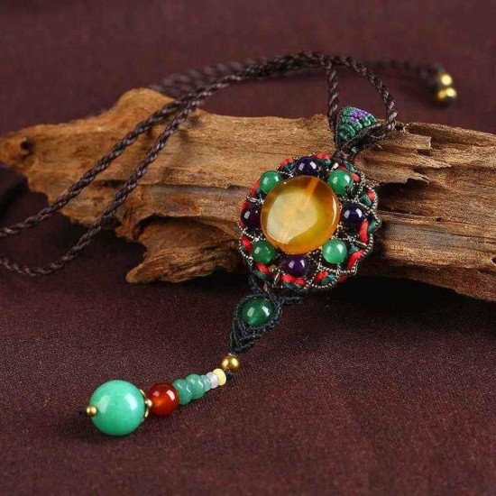 Ethnic Weaving Sweater Necklace Retro Agate Long Style Necklace For Women