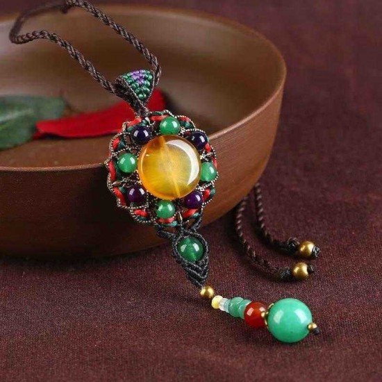 Ethnic Weaving Sweater Necklace Retro Agate Long Style Necklace For Women