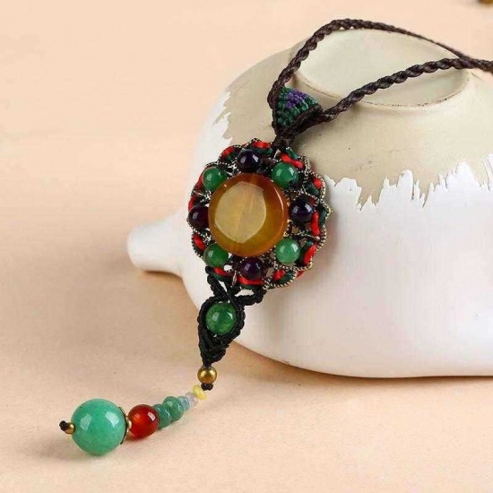 Ethnic Weaving Sweater Necklace Retro Agate Long Style Necklace For Women