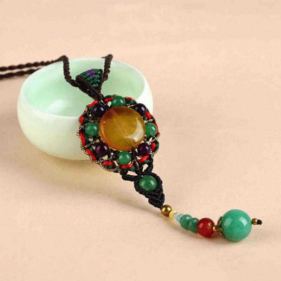 Ethnic Weaving Sweater Necklace Retro Agate Long Style Necklace For Women