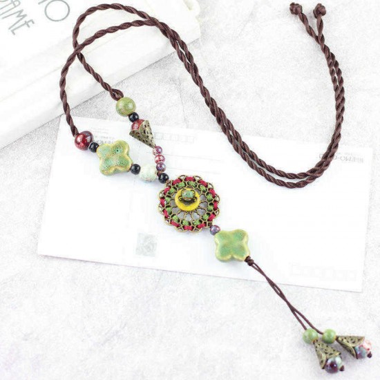 Ethnic Women Necklace Ceramic Drop Pendant Lucky Flower Adjustable Sweater Necklace Gift for Her