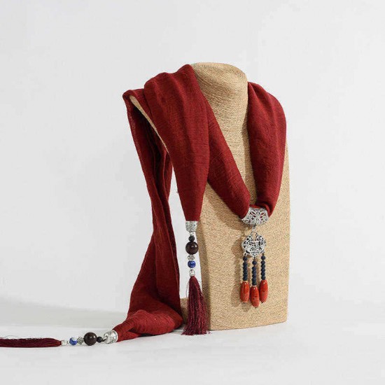 Ethnic Women Necklace Lucky Lock Beads Tassel Pendant Multicolor Cotton Scarf Clothing Accessories